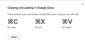 Google Docs copy and paste shortcut message