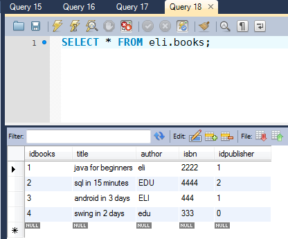SQL query and results example