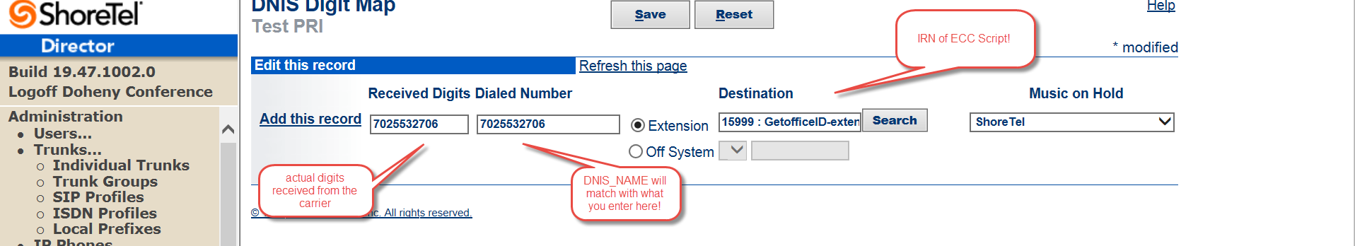 ShoreTel DNIS map configuration