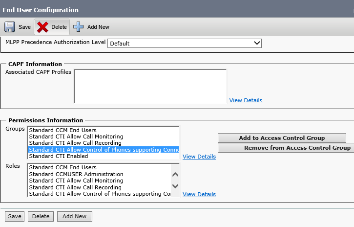 Cisco CTI permissions configuration