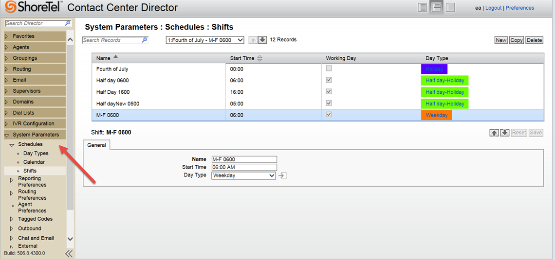 ShoreTel ECC shift menu