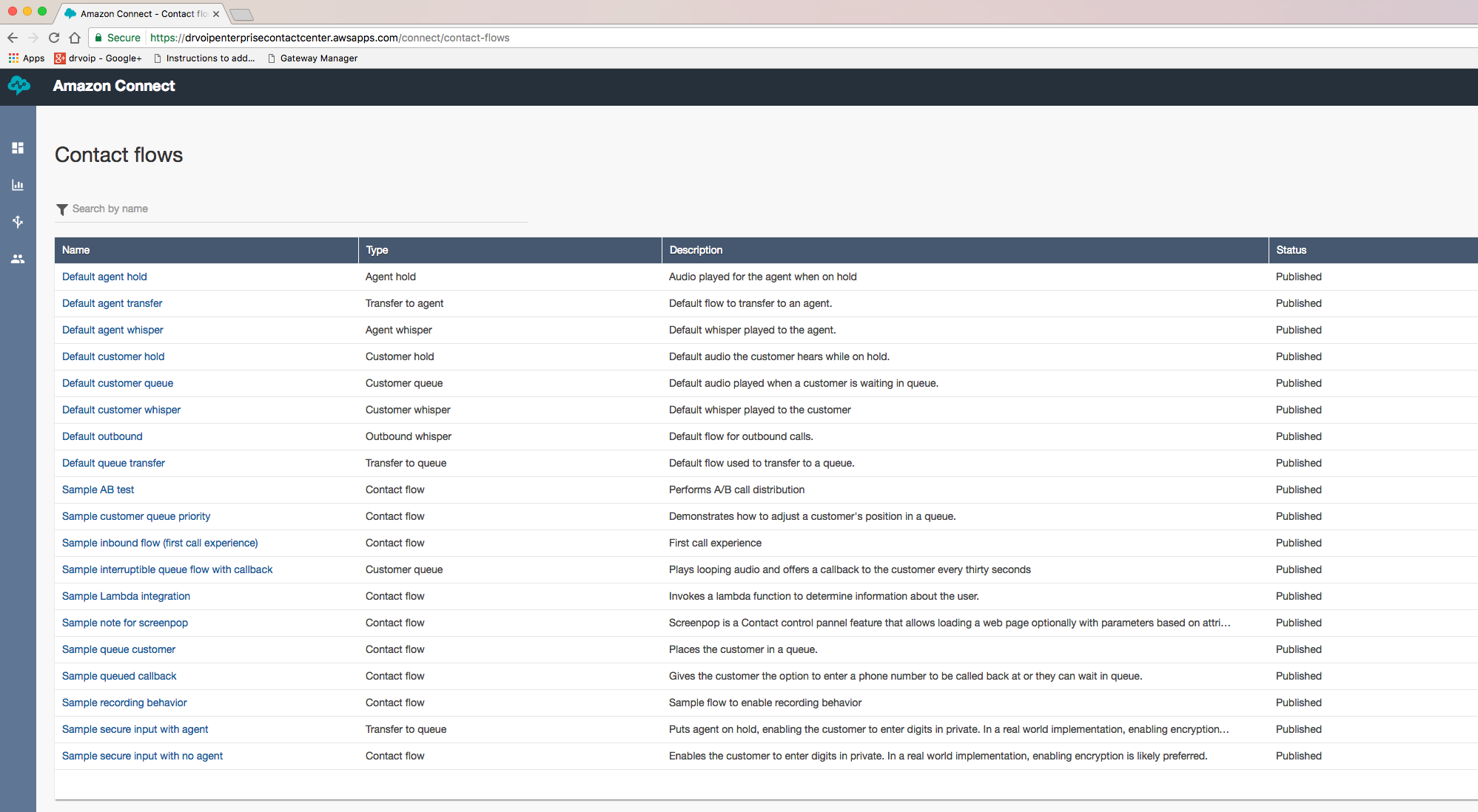 Amazon Connect contact flow list