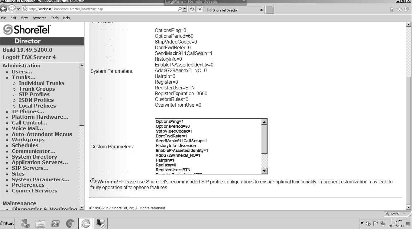 ShoreTel SIP profile configuration