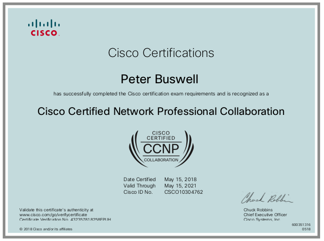 Peter Buswell Cisco CCNP Collaboration certificate