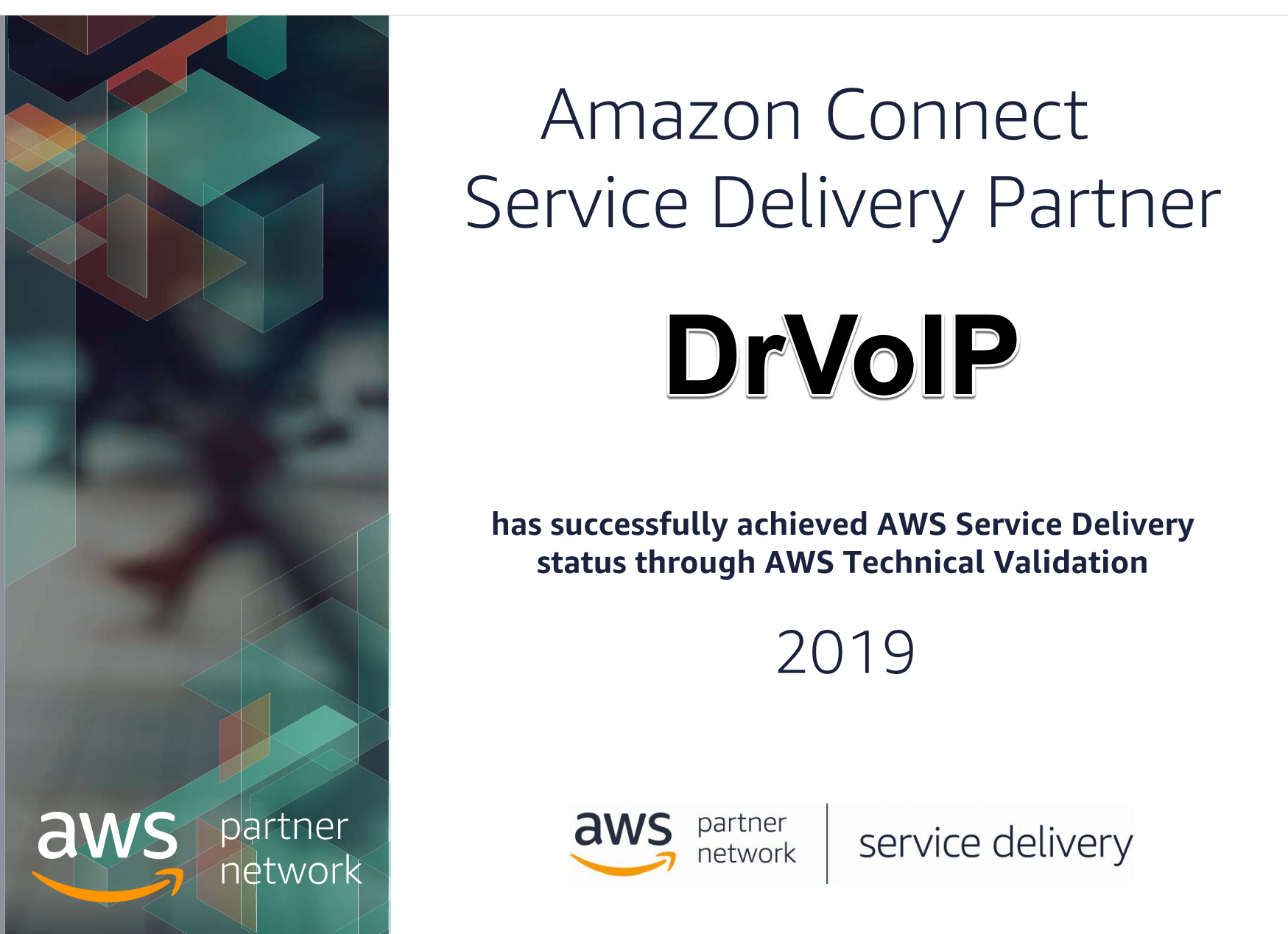 DrVoIP 2019 Amazon Connect Service Delivery Partner certificate