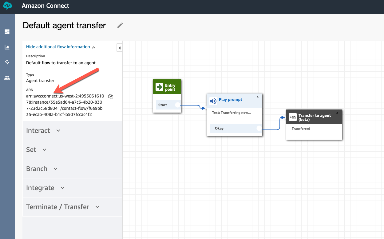Amazon Connect contact flow ARN example