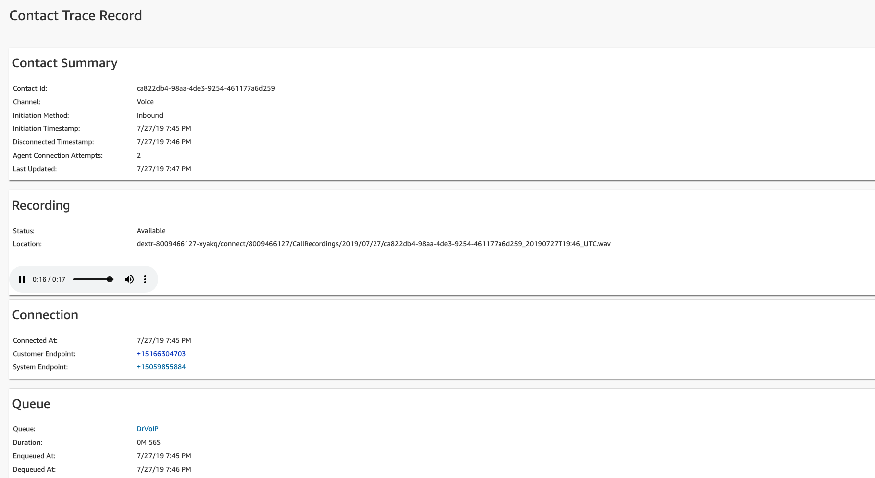 Amazon Connect contact record detail