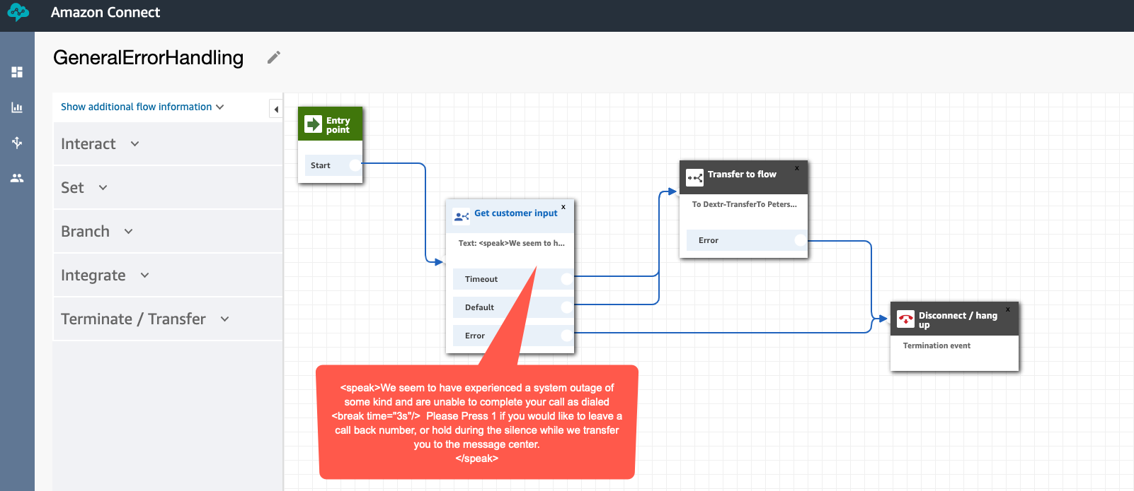 Amazon Connect error handling workflow