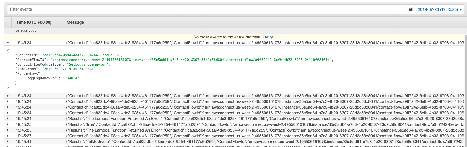 CloudWatch log row example
