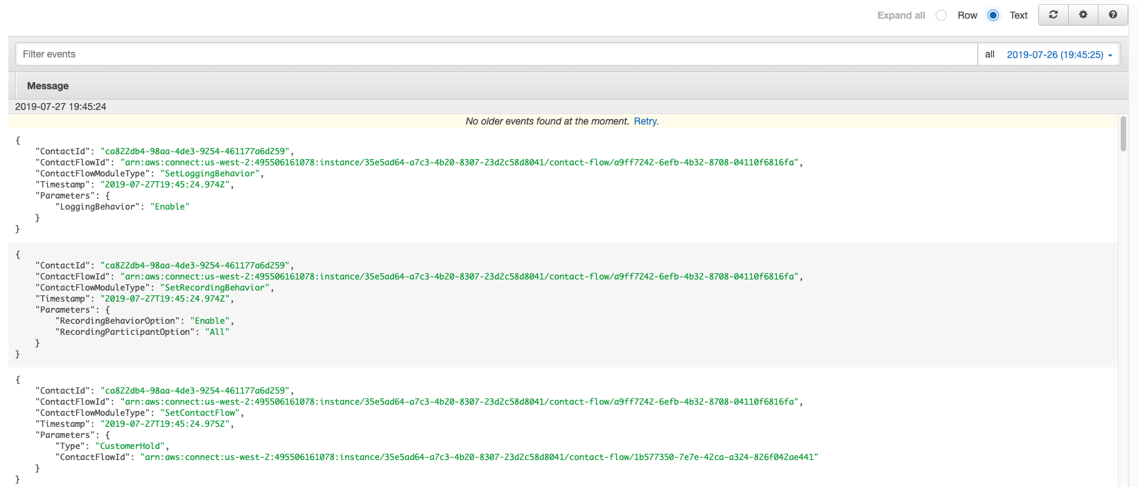 CloudWatch log text example