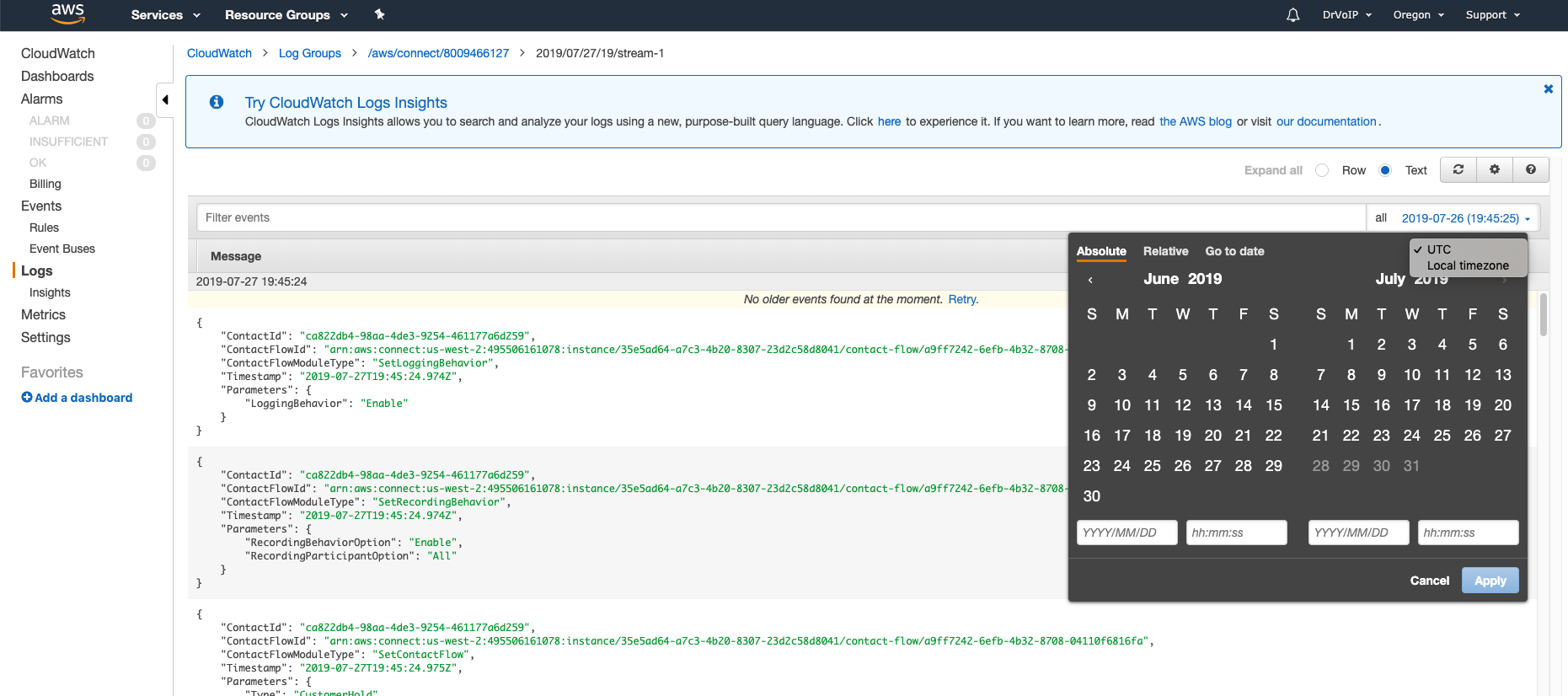 CloudWatch timestamp search