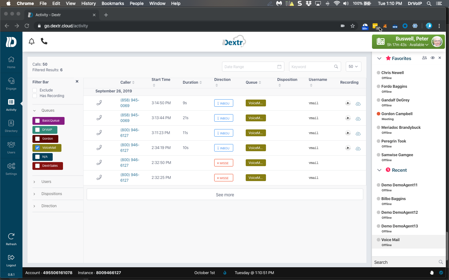 Dextr voicemail activity dashboard