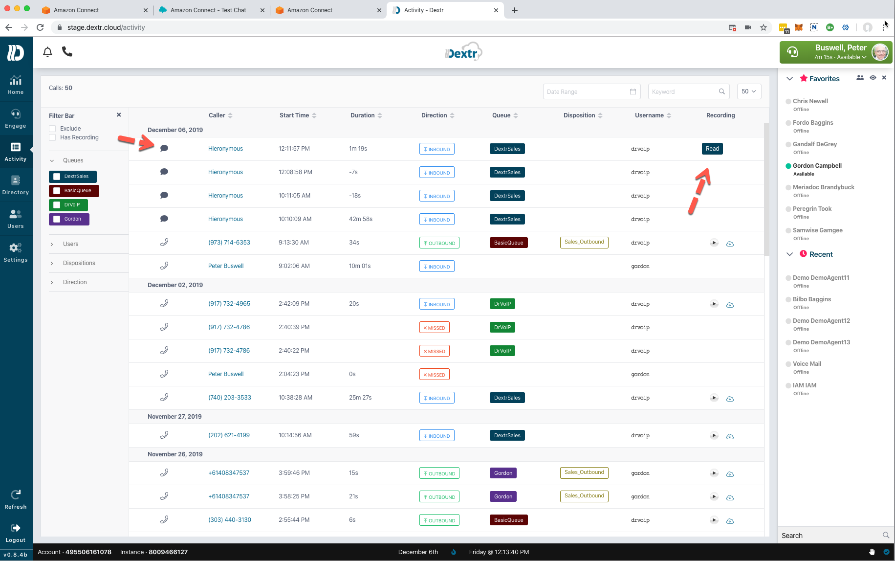 Dextr chat activity dashboard