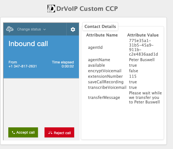 DrVoIP custom Amazon Connect contact control panel
