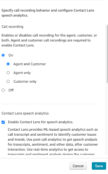 Amazon Connect contact recording configuration