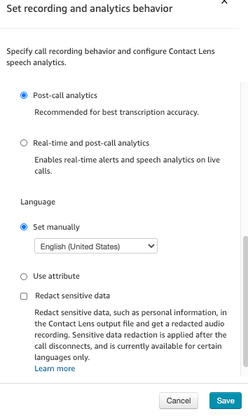 Amazon Connect recording and analytics language settings