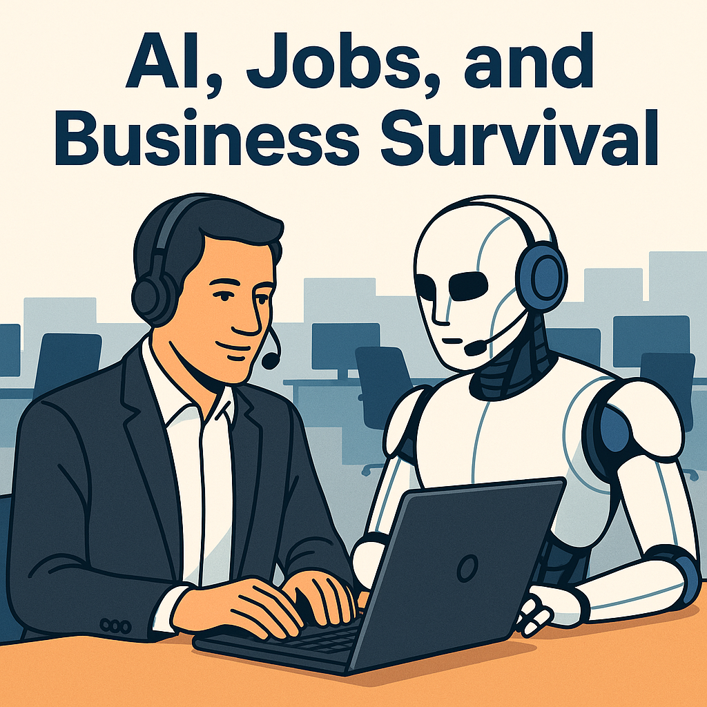 Cartoon of a contact center agent collaborating with a friendly AI robot at a laptop