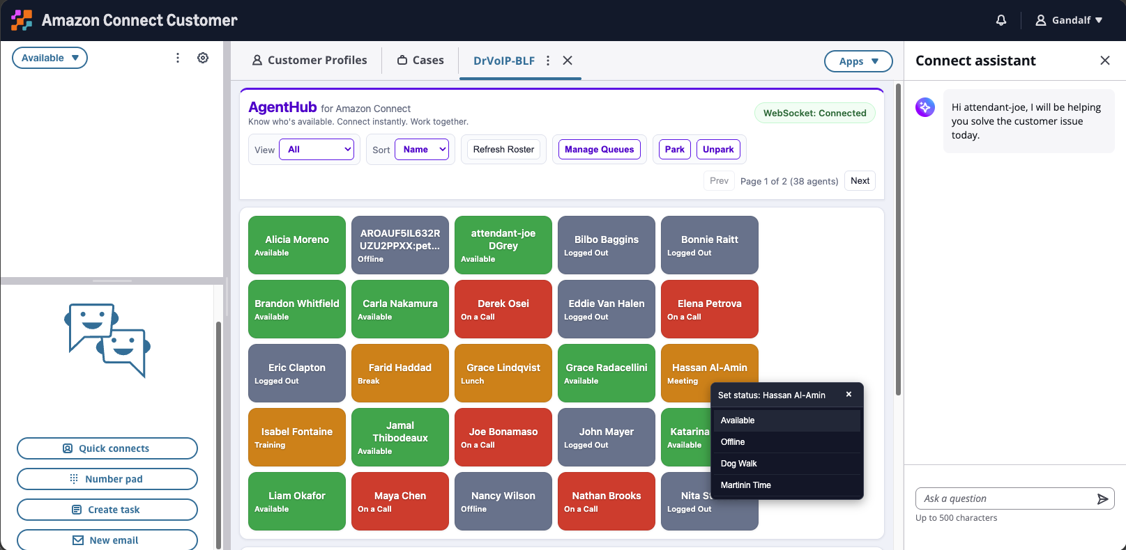 AgentHub supervisor menu for changing an Amazon Connect agent to an authorized status