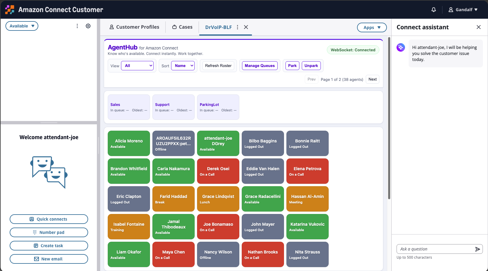 AgentHub embedded in the Amazon Connect Customer Agent Workspace showing selected queue status and a color-coded agent roster
