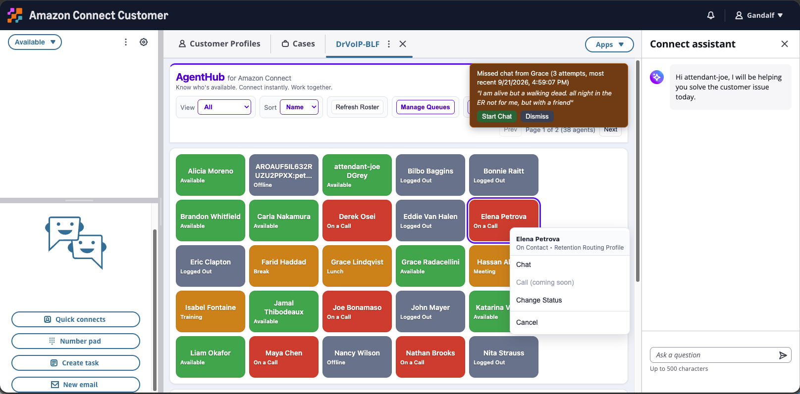 AgentHub agent roster with a right-click menu for starting an agent-to-agent chat and a missed-chat notification