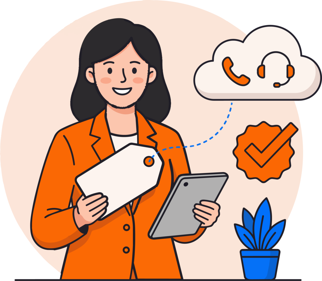 Consultant reviewing contact center pricing and a verified cloud service badge Consultant reviewing contact center pricing and a verified cloud service badge