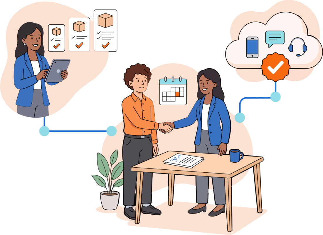 Consultant reviewing package checklists beside a handshake and fixed-fee agreement