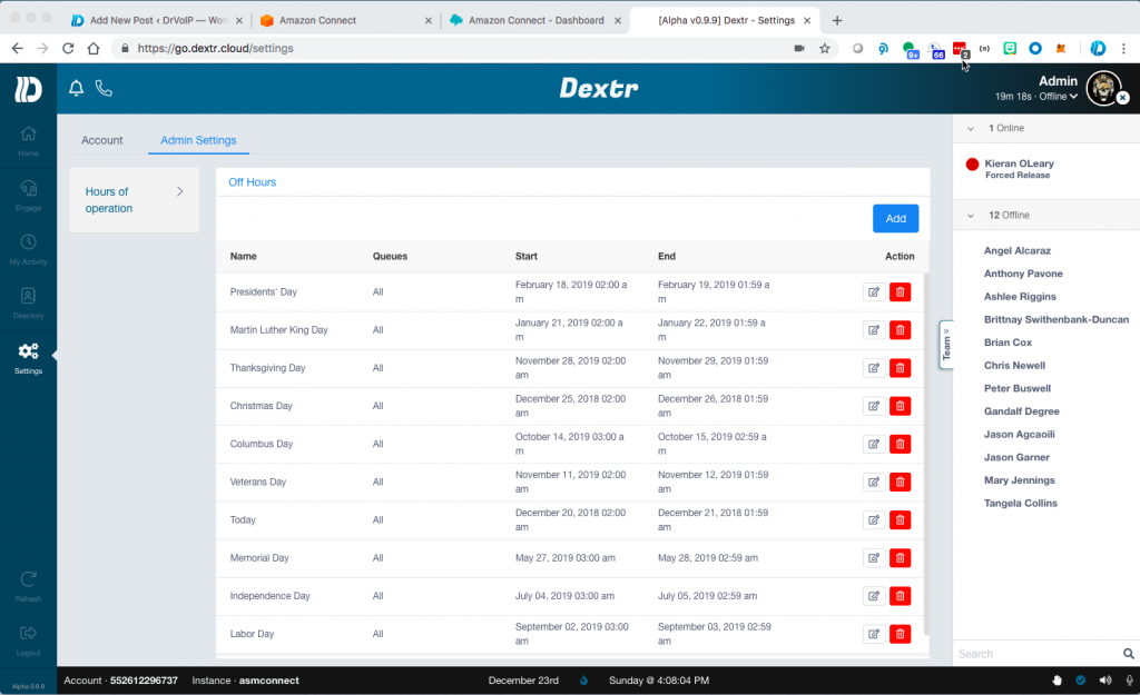 Dextr holiday schedule list