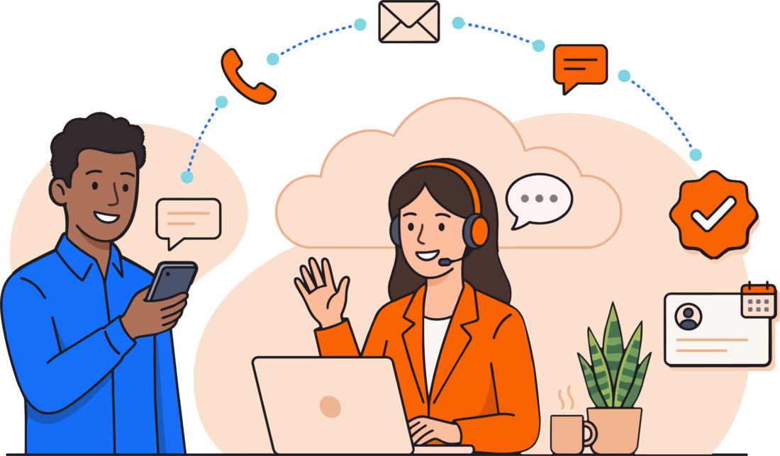 DrVoIP support agent connecting with a customer by phone, chat, and email DrVoIP support agent connecting with a customer by phone, chat, and email