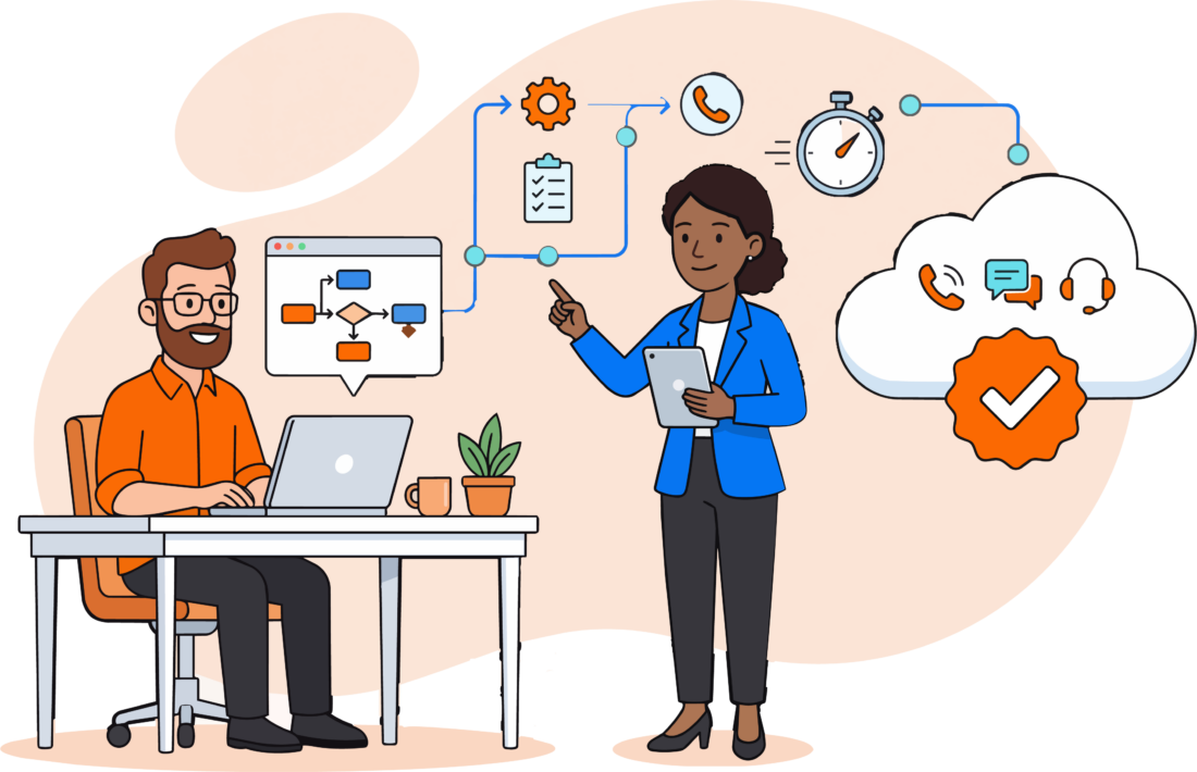 Engineer and AWS consultant reviewing contact flows and a go-live checklist Engineer and AWS consultant reviewing contact flows and a go-live checklist