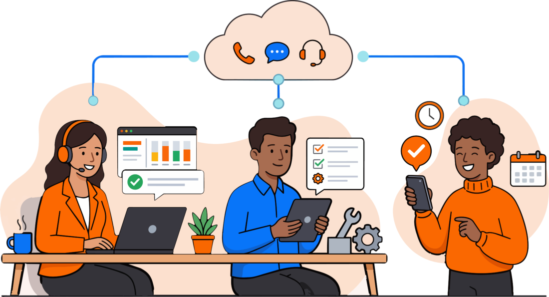 Support engineer, administrator, and customer connected through monitoring and coaching