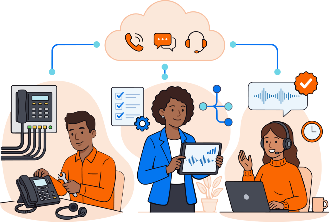 Technician maintaining and troubleshooting business phone infrastructure